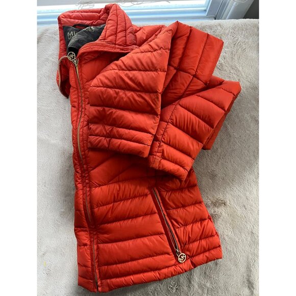 Michael Kors Womens Red Packable Down Fill Jacket Size L Gold MK Zipper Lightwei - Picture 10 of 16
